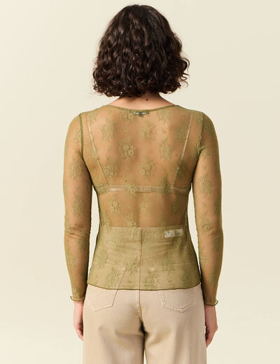 T-shirt ajusté manches longues col rond vert kaki femme