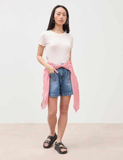 T-shirt cintr&eacute; col rond manches courtes rose poudr&eacute;e femme