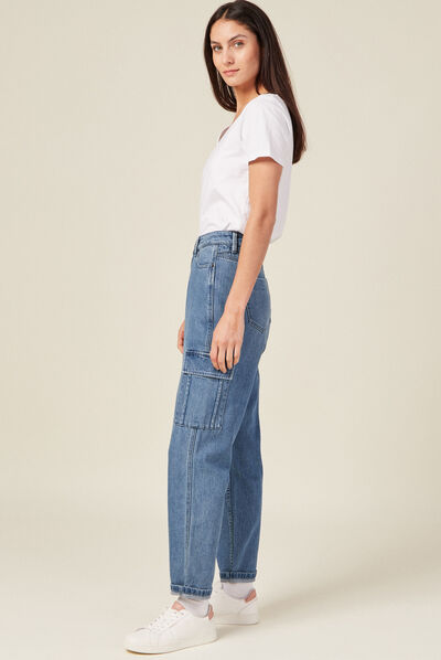 Jeans cargo taille haute denim used femme