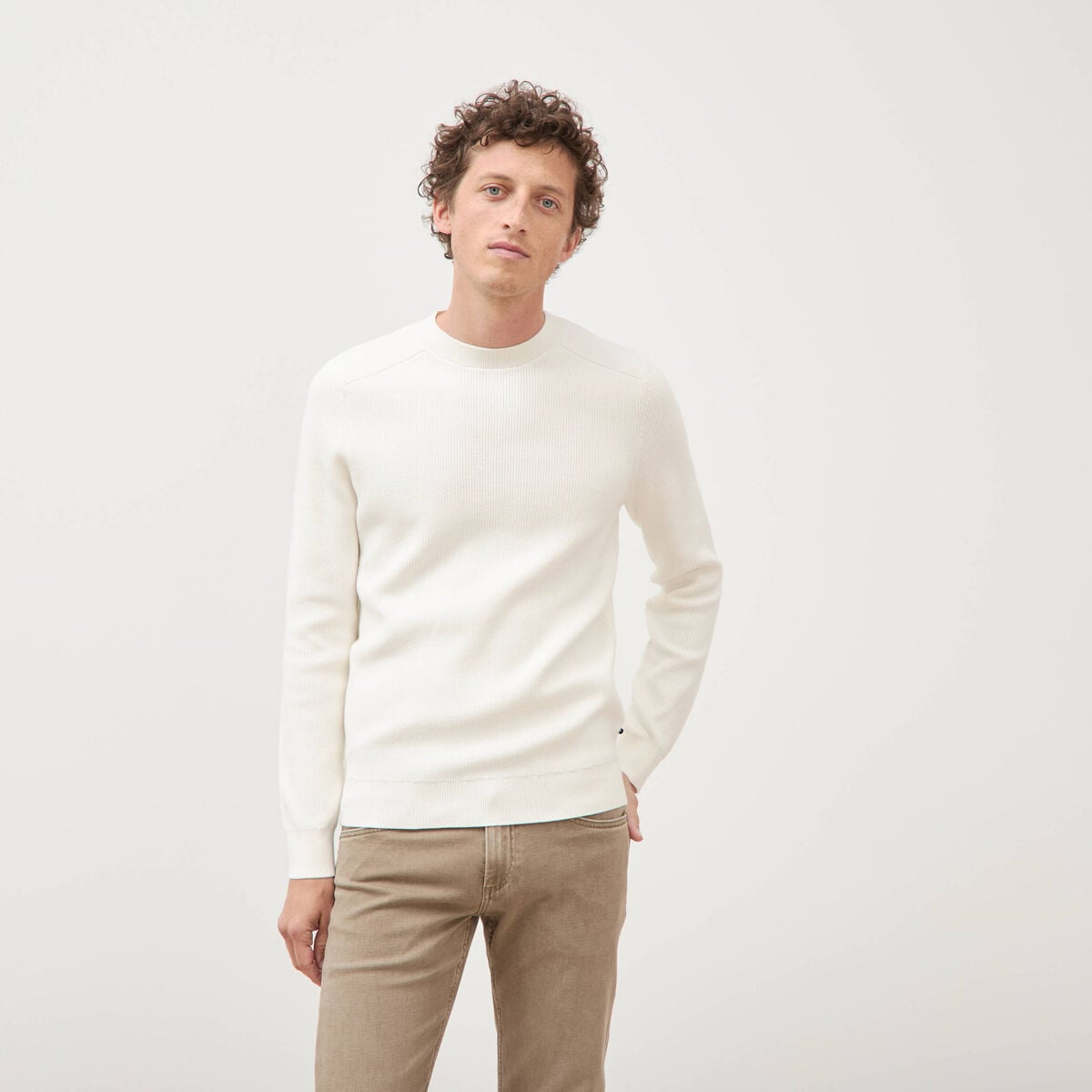 Pull manches longues col rond ecru homme