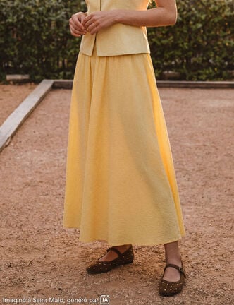 Jupe longue &eacute;vas&eacute;e en coton doubl&eacute;e jaune clair femme