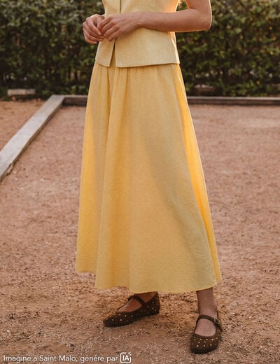Jupe longue &eacute;vas&eacute;e en coton doubl&eacute;e jaune clair femme