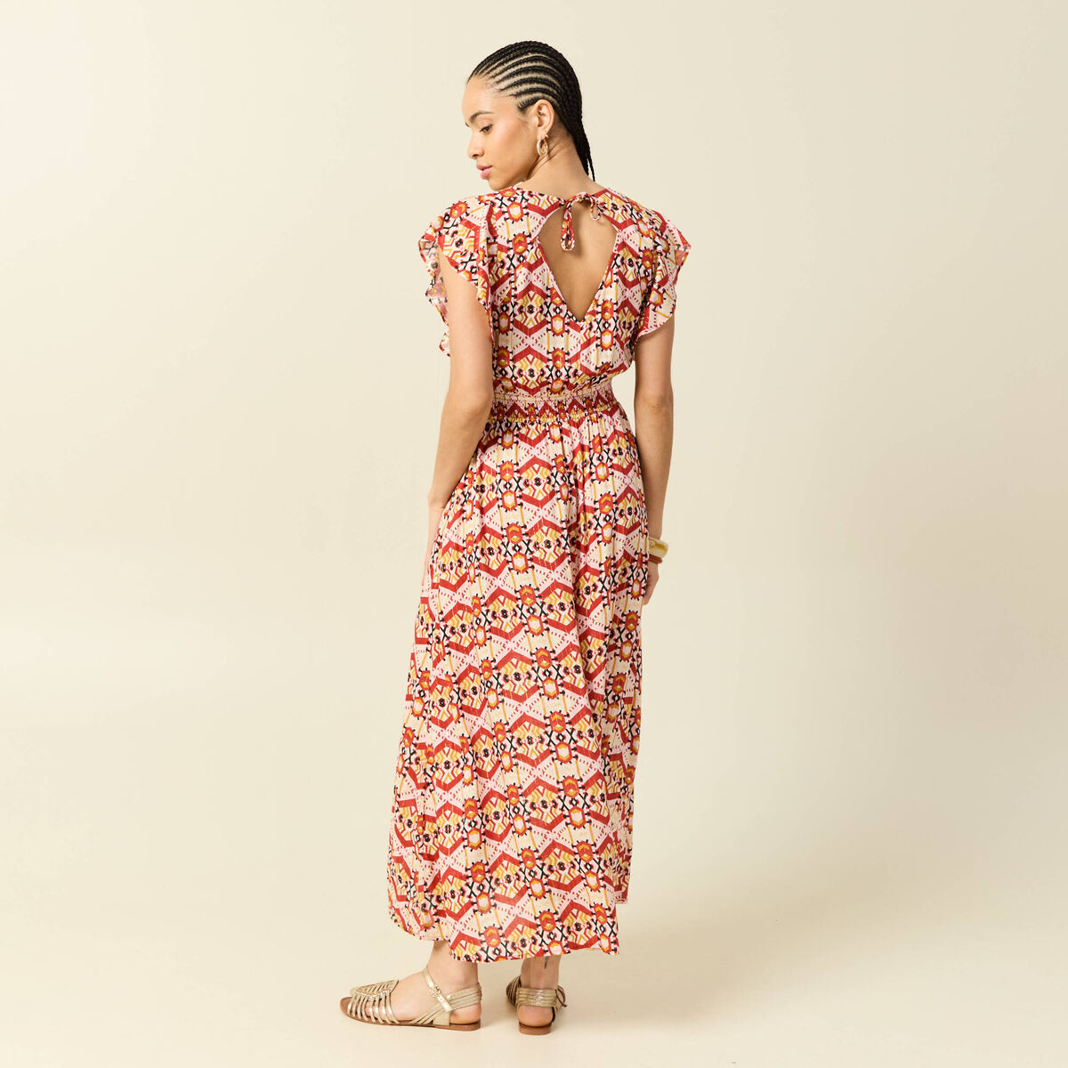 Robe longue &eacute;vas&eacute;e col v manches courtes bordeaux femme