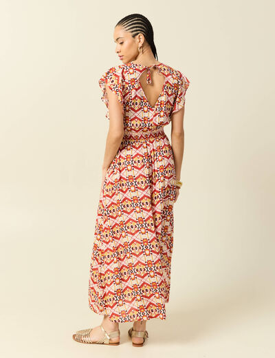 Robe longue &eacute;vas&eacute;e col v manches courtes bordeaux femme