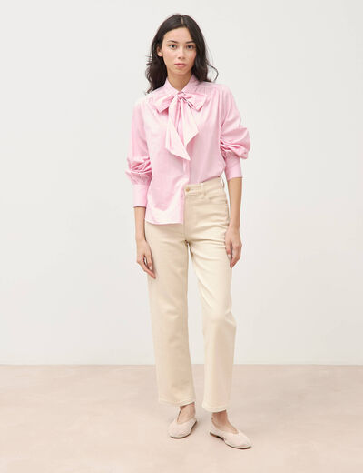 Chemise droite col noeud manches longues rose poudr&eacute;e femme