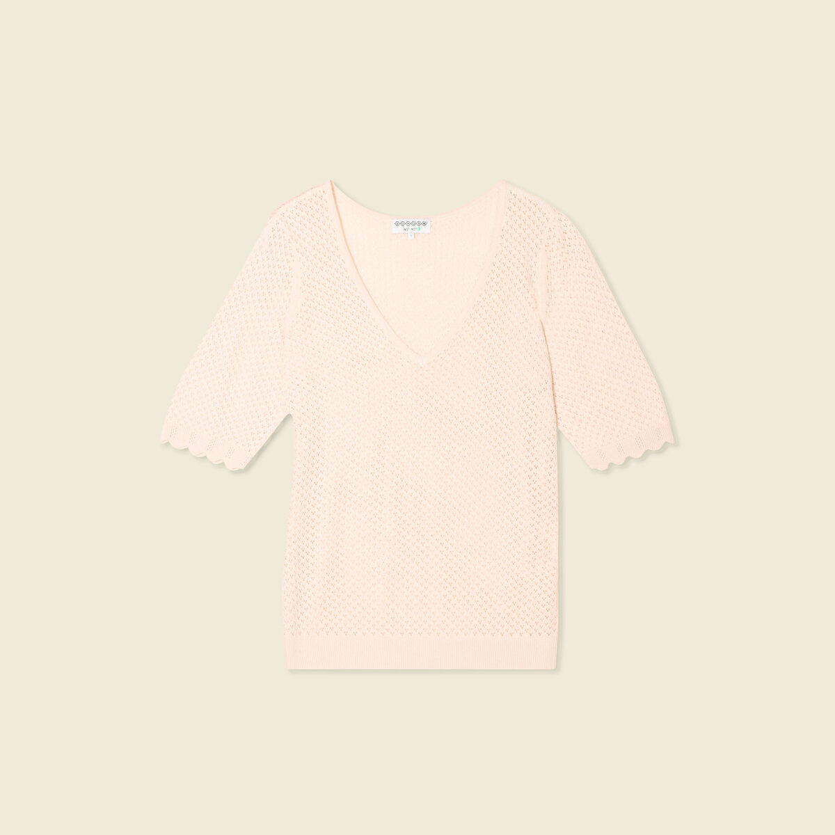 Pull manches courtes ajouré rose poudrée femme