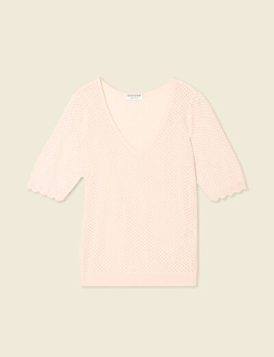 Pull manches courtes ajouré rose poudrée femme
