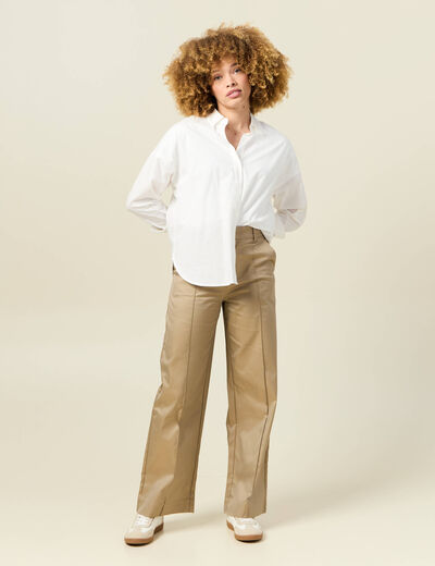 Pantalon large taille haute beige femme