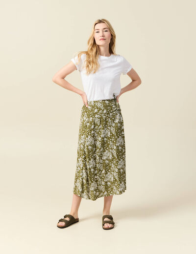 Jupe longue portefeuille vert olive femme