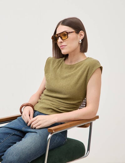 T-shirt ajust&eacute; sans manches vert kaki femme