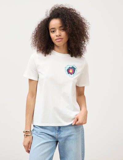 T-shirt droit col rond manches courtes ecru femme