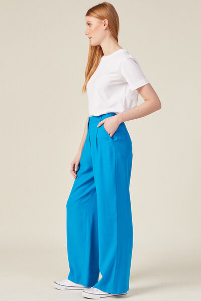 Pantalon large à pinces bleu femme