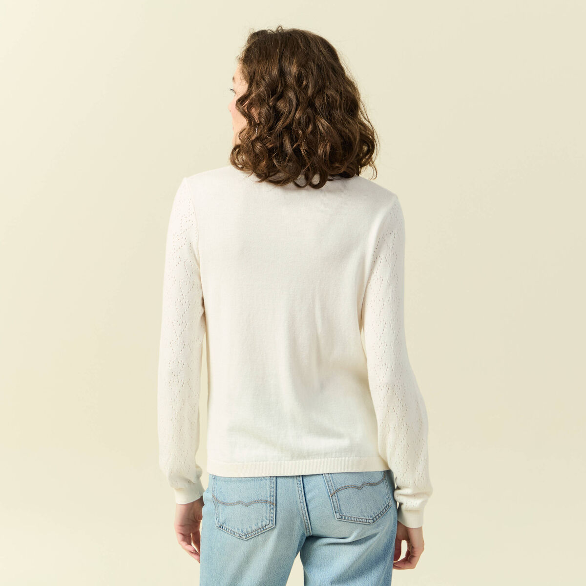 Pull ajouré manches longues en coton ecru femme