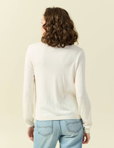 Pull ajour&eacute; manches longues en coton ecru femme