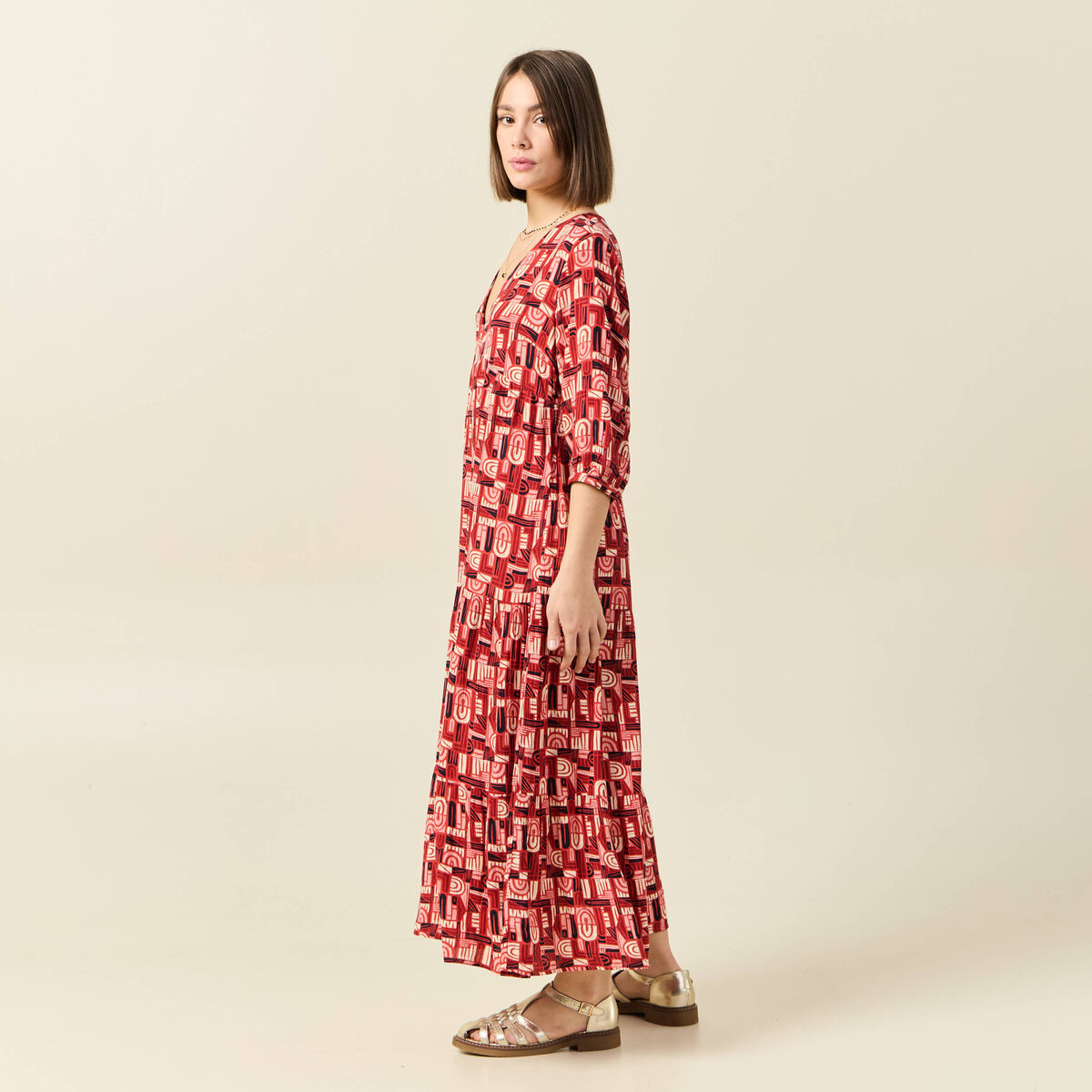 Robe longue droite fluide rouge fonc&eacute; femme