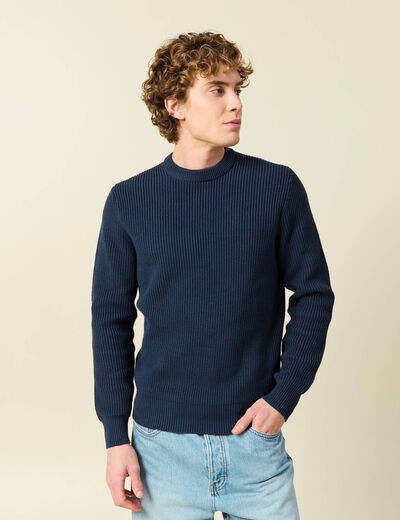 Pull fin manches longues col rond bleu marine homme
