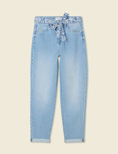 Jeans mom ceinture foulard denim bleach femme