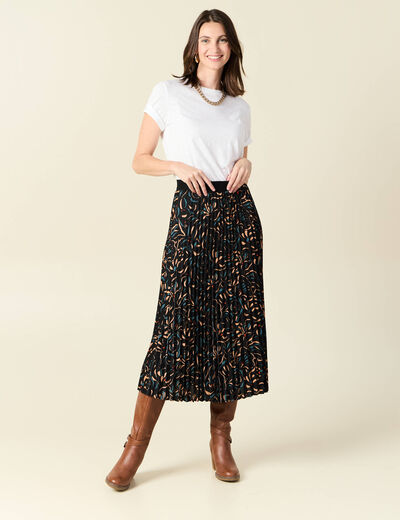 Jupe midi évasée plissée noir femme