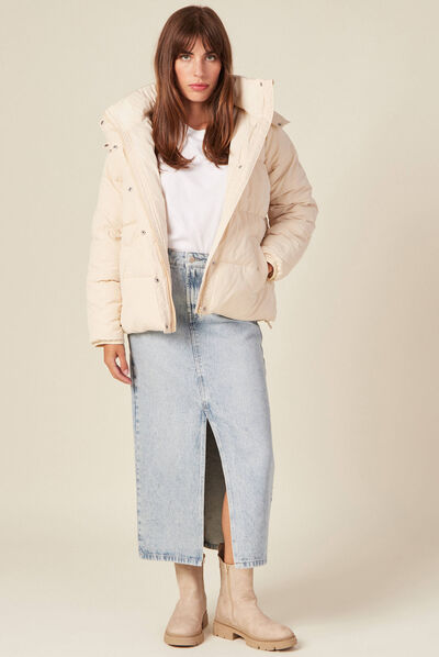 Doudoune droite à capuche beige femme