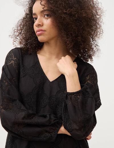 Robe dentelle manches longues doubl&eacute;e noir femme
