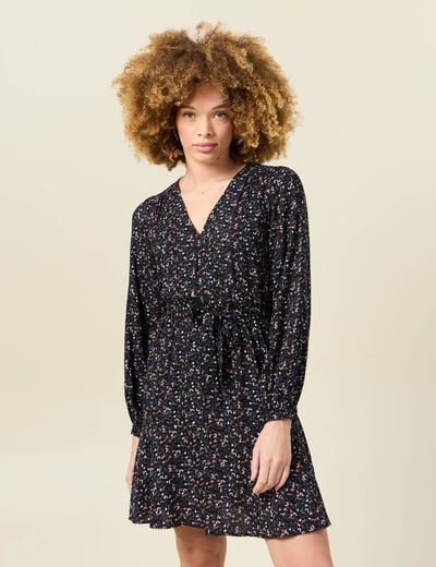 Robe droite courte col v manches longues noir femme