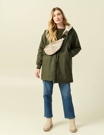 Parka oversize mi-longue &agrave; capuche vert kaki femme