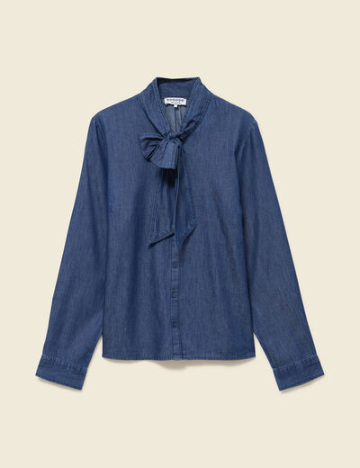 Chemise &agrave; pans manches longues en coton denim stone femme