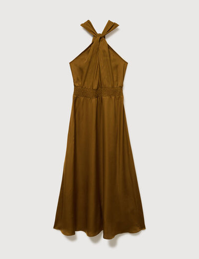 Robe satin&eacute;e col montant sans manches vert olive femme