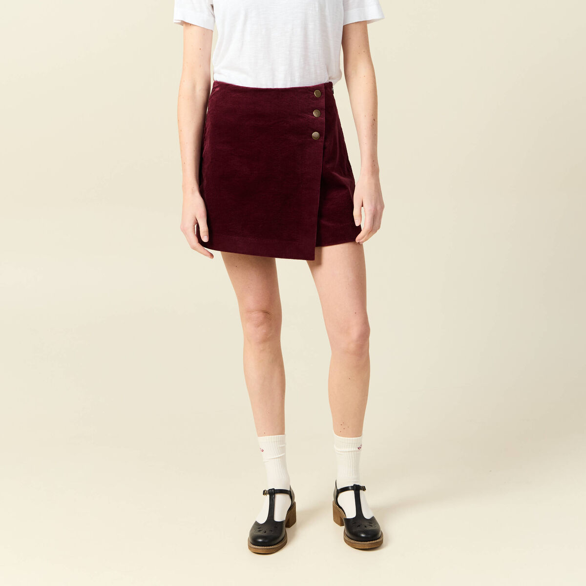 Jupe-short taille haute en velours bordeaux femme