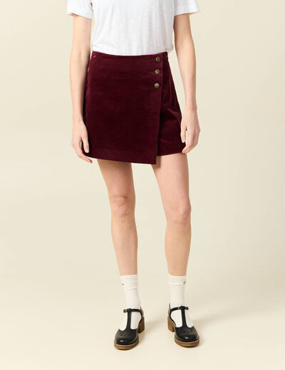 Jupe-short taille haute en velours bordeaux femme