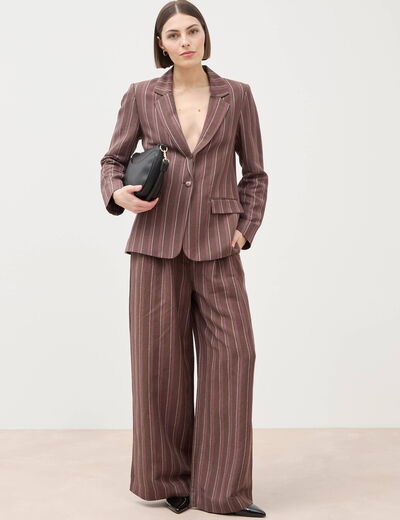 Pantalon large taille haute ray&eacute; marron chocolat femme