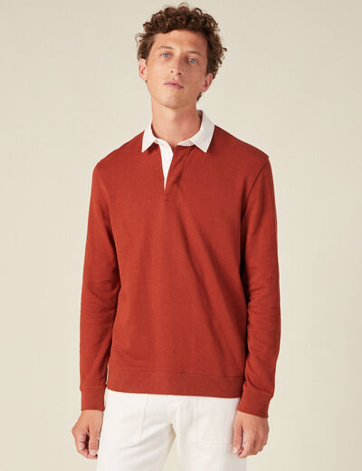 Sweat manches longues col polo marron cognac homme