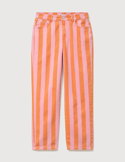 Jeans droit cropped taille haute ray&eacute; orange femme