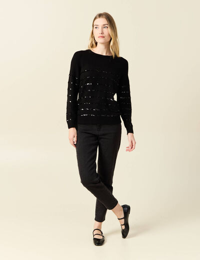 Pull manches longues sequins noir femme