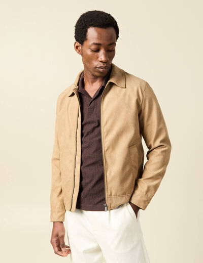 Blouson droit court &agrave; col classique marron homme