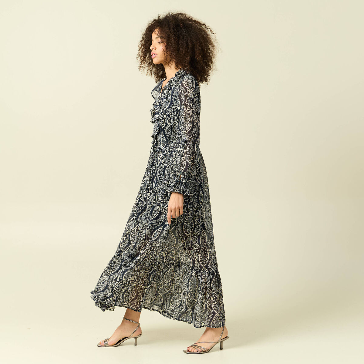Robe longue &eacute;vas&eacute;e col v manches longues bleu marine femme