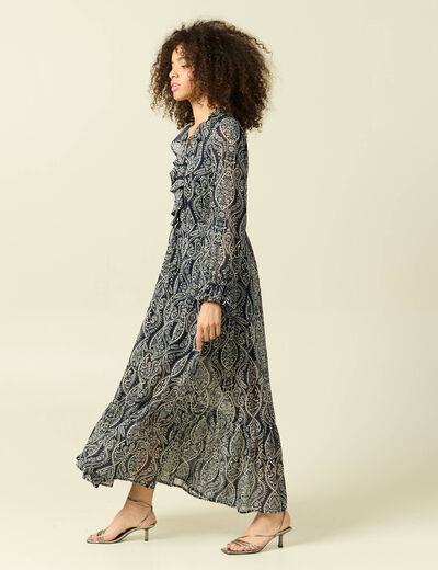 Robe longue &eacute;vas&eacute;e col v manches longues bleu marine femme