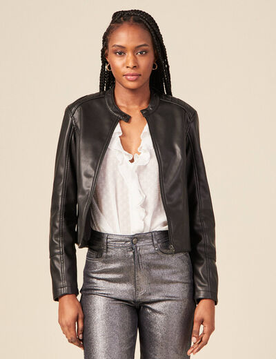 Blouson ajusté simili cuir noir femme