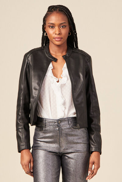 Blouson ajusté simili cuir noir femme