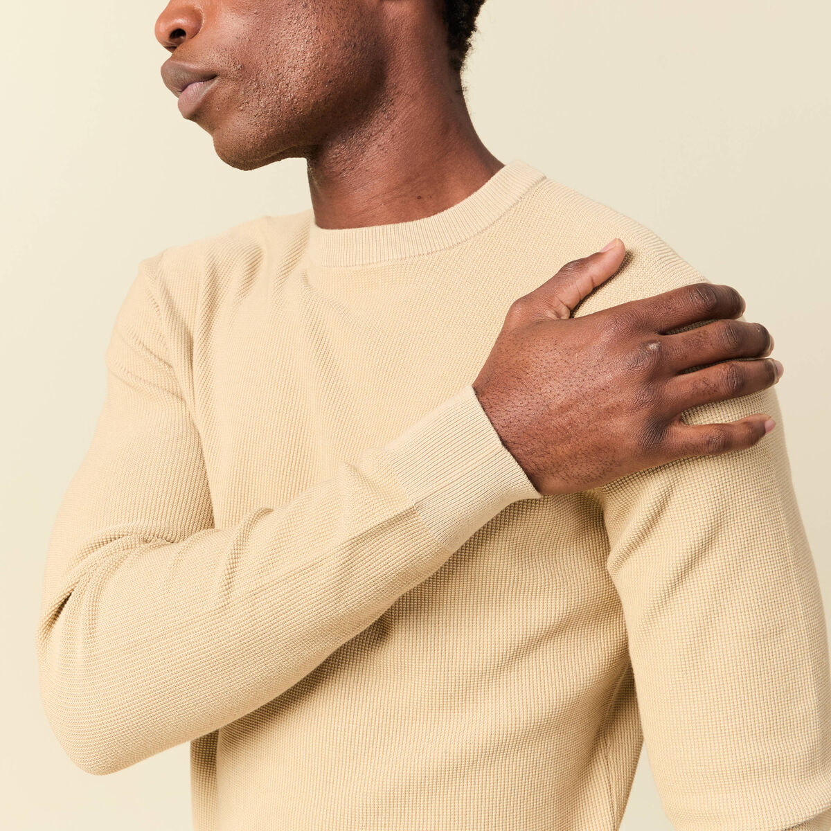 Pull fin col rond manches longues beige homme