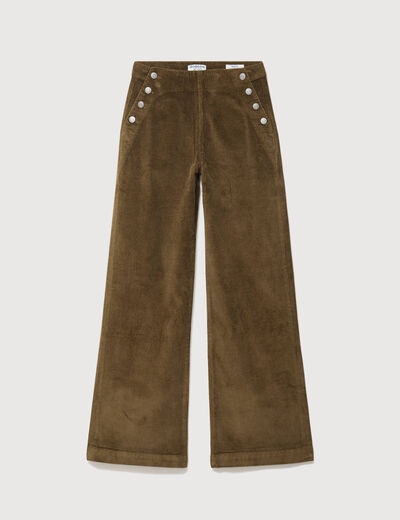 Pantalon large taille haute en velours vert olive femme