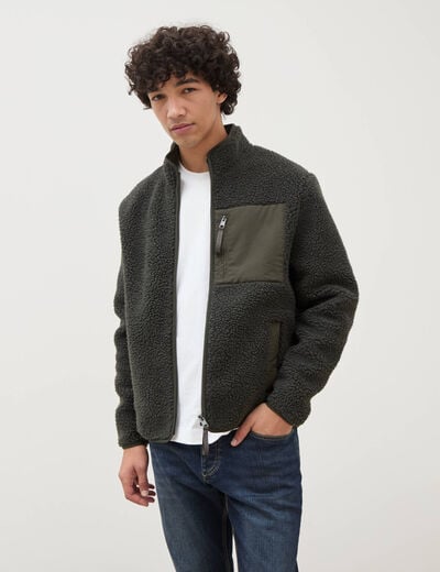 Veste droite sherpa col montant vert kaki homme