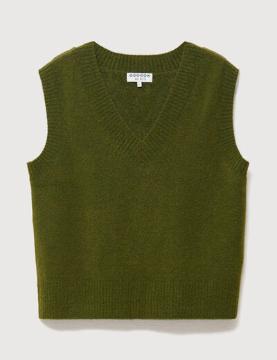 Pull sans manches col en V vert kaki femme