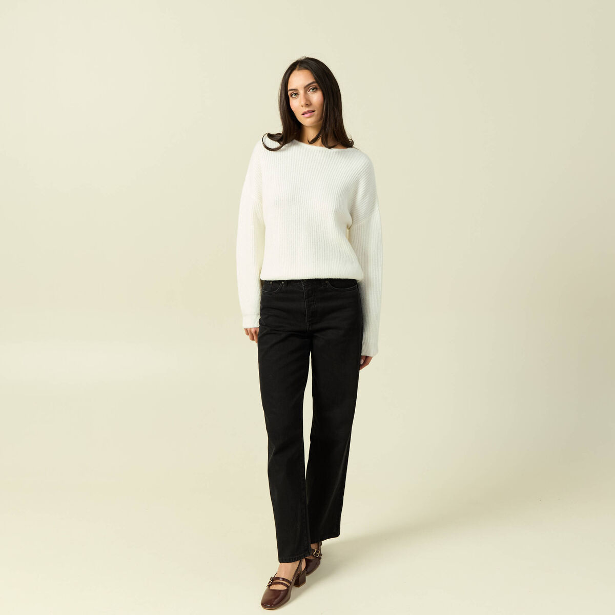 Pull col rond manches longues ecru femme