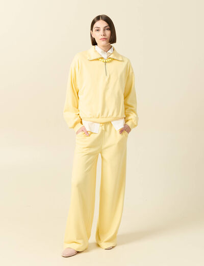 Sweat manches longues col camionneur jaune pastel femme
