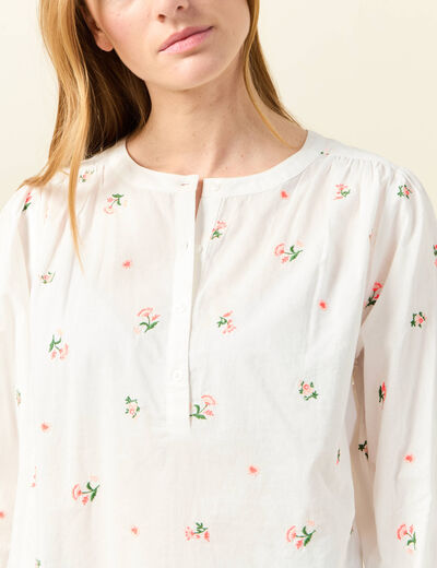 Blouse manches 3/4 brodée blanc femme