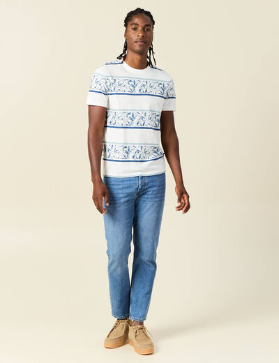 T-shirt ray&eacute; col rond manches courtes bleu homme