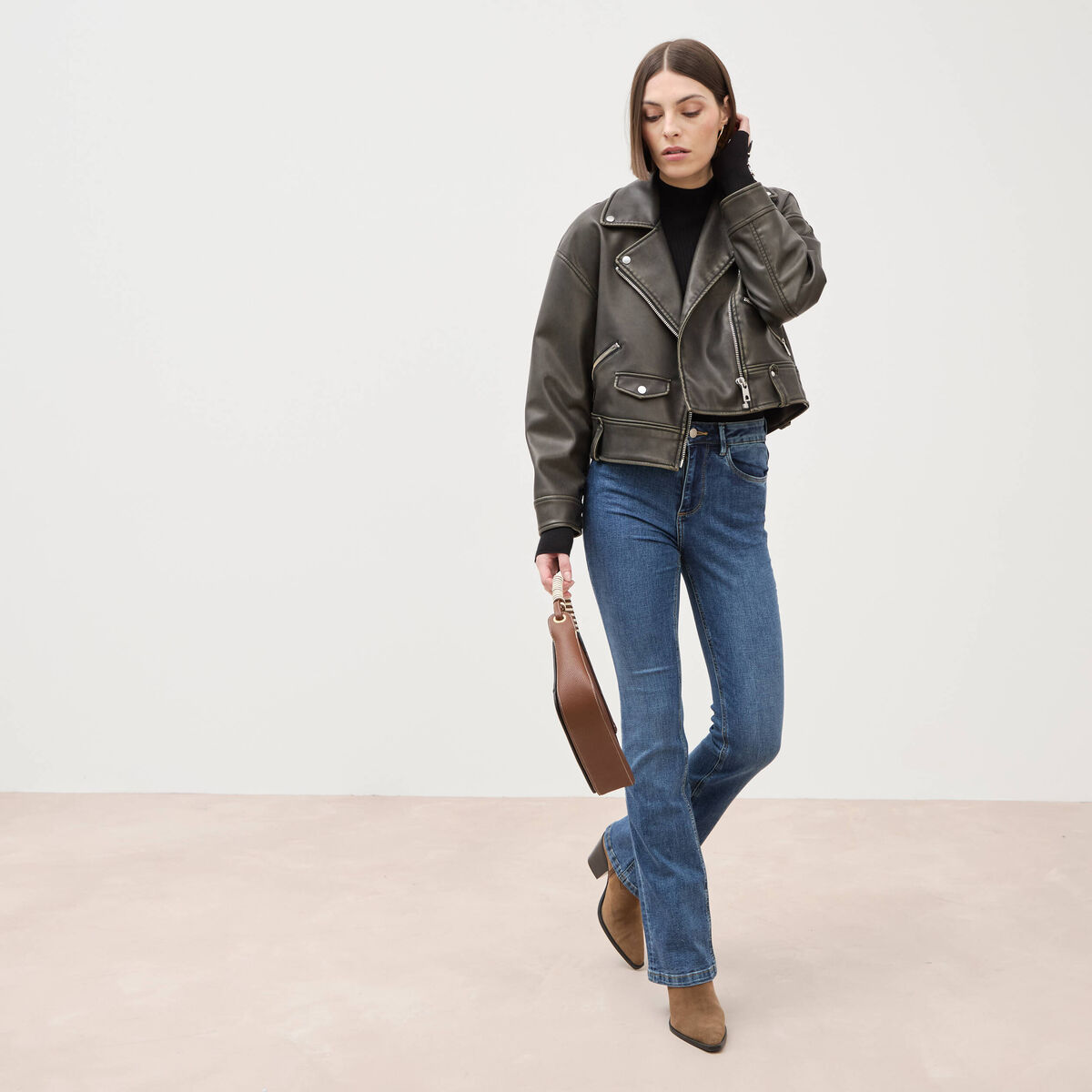 Jeans bootcut taille haute denim stone femme