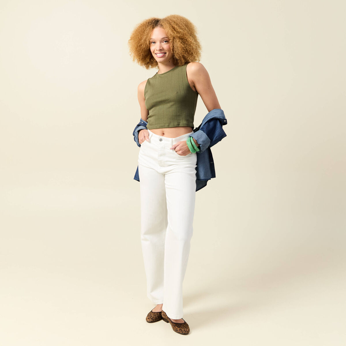 Débardeur cropped col rond en coton vert kaki femme
