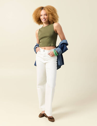 Débardeur cropped col rond en coton vert kaki femme